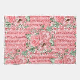 Paño De Cocina Rosas rosadas florales de acuarela y rayas de bril