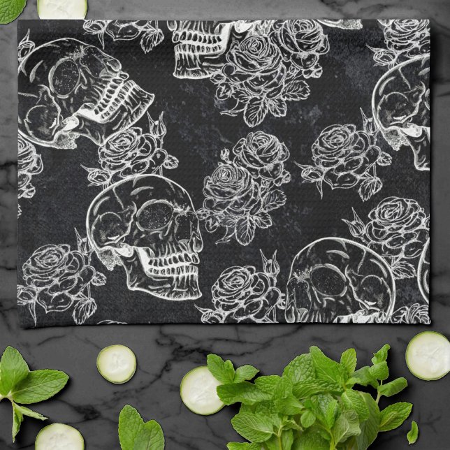 Paño De Cocina Rosas Skulls y Chalk | Gótica Glam Funky Grunge (Subido por el creador)