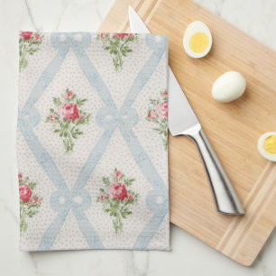 Paño De Cocina Rosas victorianos rosados con Entramado Azul