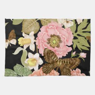 Paño De Cocina Rosas Vintage Peonies: Patrón floral negro