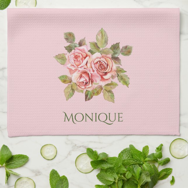 Paño De Cocina Roses rosadas de bonito personalizadas (Doblado)