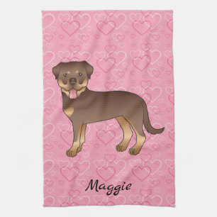 Paño De Cocina Rottweiler Rojo y Beige en Corazones Rosas y Nombr
