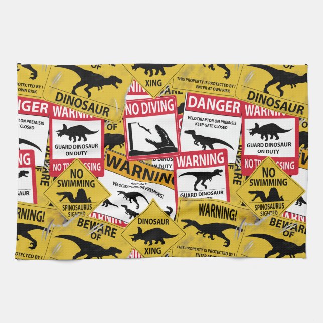 Paño De Cocina Rótulos de precaución de dinosaurios (Horizontal)