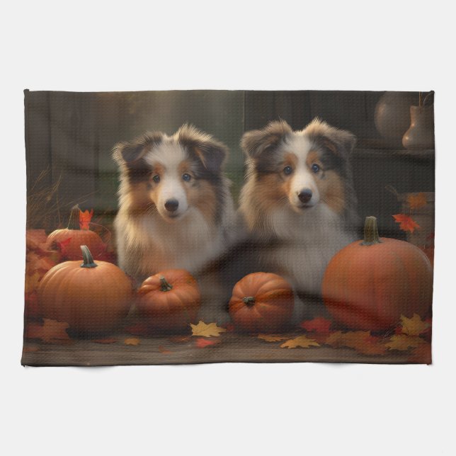 Paño De Cocina Rough Collie Puppy Calabaza deslumbrante otoño (Horizontal)