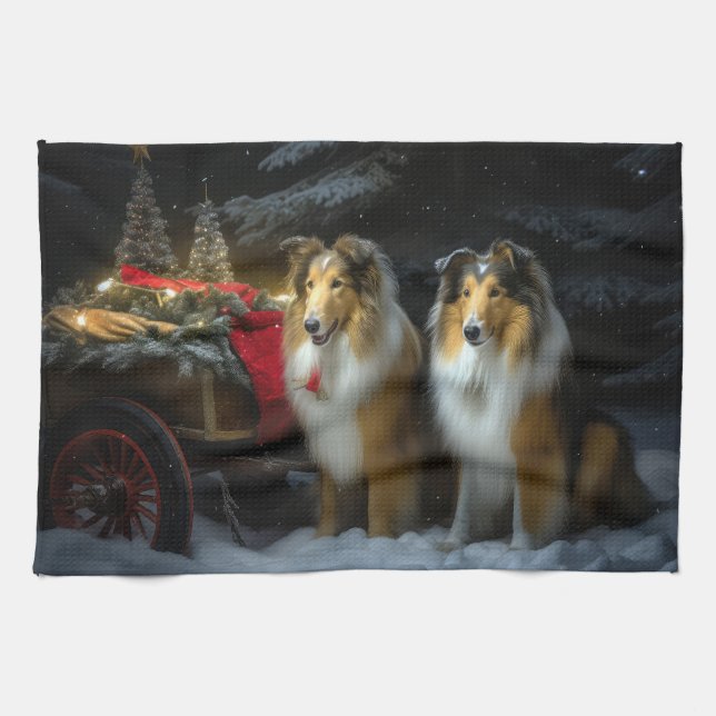 Paño De Cocina Rough Collie Snowy Sleigh Navidades Decoración (Horizontal)