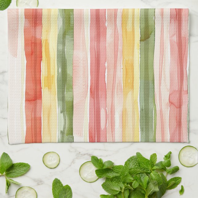 Paño De Cocina Rubor Naranja Amarillo Verde Rayas   (Doblado)
