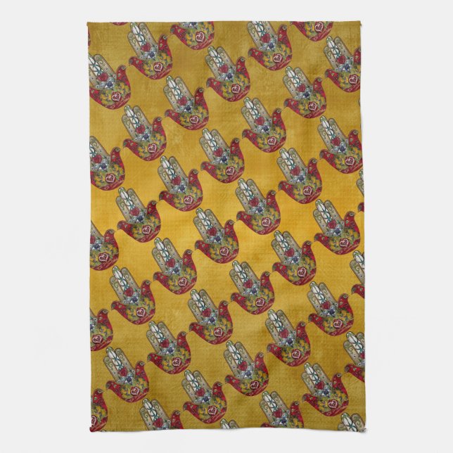 Paño De Cocina Ruby Pomegranate Heart Red Bird Hamsa (Vertical)