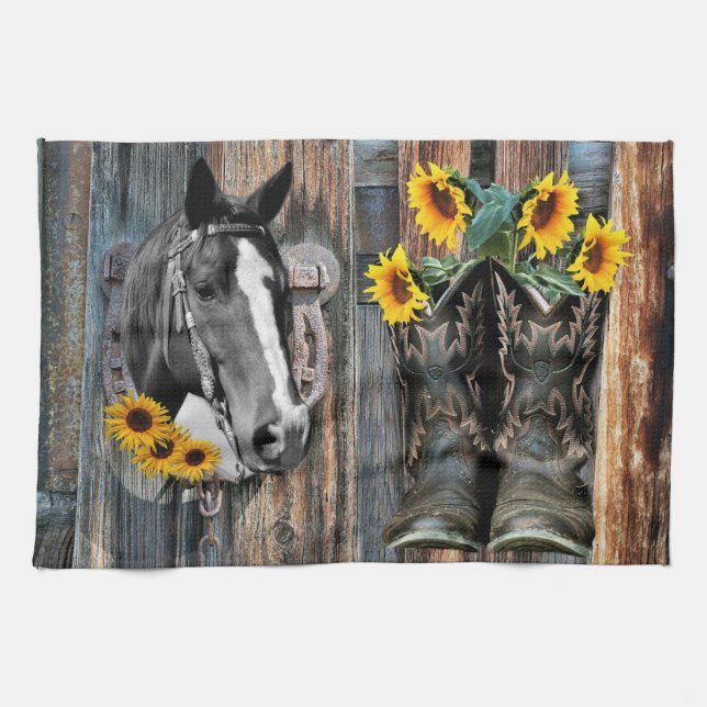 Paño De Cocina Russe Western Horse Cowboy botas Sunflowers (Horizontal)
