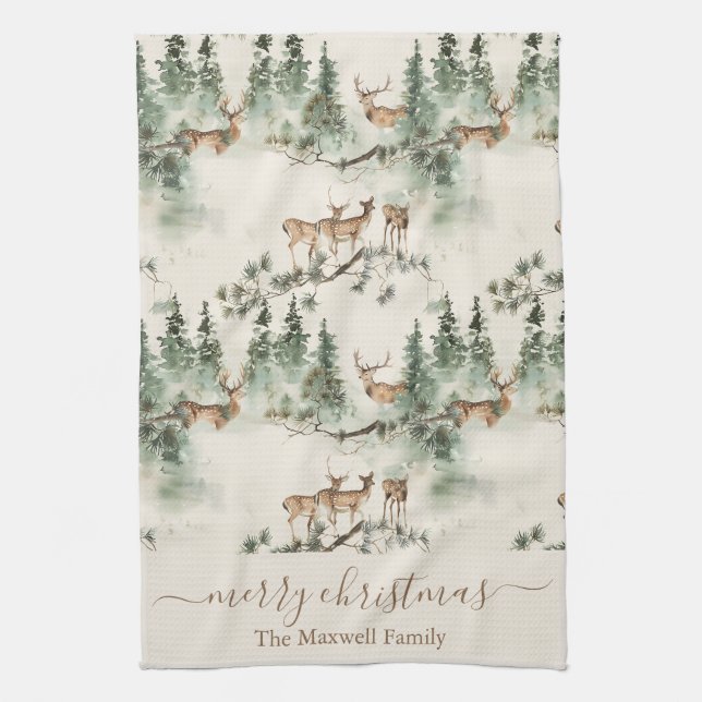 Paño De Cocina Rustic deers merry christmas family name (Vertical)