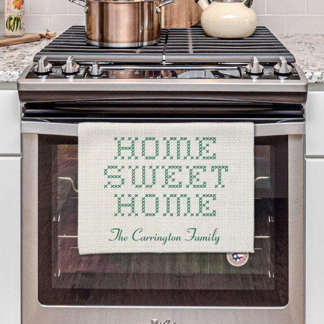 Paño De Cocina Rustic Faux Cross Stitch Hogar dulce hogar verde (Rustic Faux Cross-Stitch Home Sweet Home Green Kitchen Towel
)