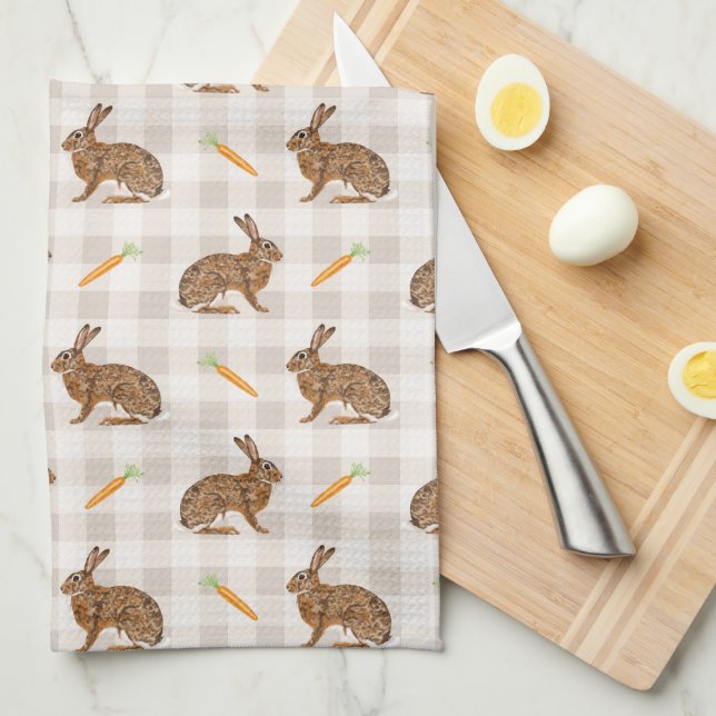 Paño De Cocina Rustic Hare And Carrot Pattern Beige Farmhouse (Doblado Cuarto)