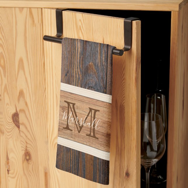 Paño De Cocina Rustic Wood Tone Monogram Horizontal Stripe (Pliegue de tercios)