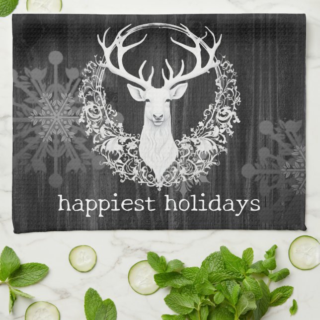 Paño De Cocina Rústica acuarela de reno blanco (Doblado)