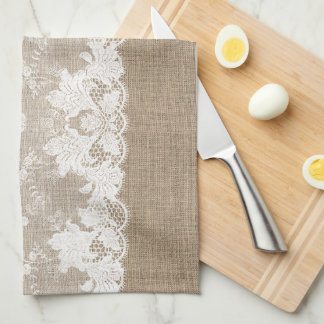 Paño De Cocina Rústico campo vintage burlap beige y encaje blanco