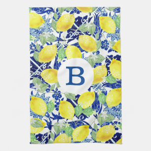 Paño De Cocina Rústico País Lemones y Floral Azul   Monograma