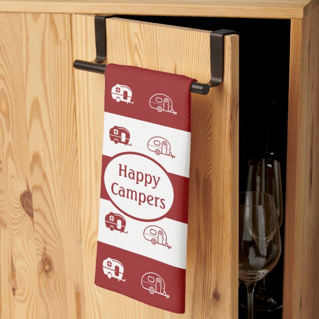 Paño De Cocina RV retro divertido feliz campistas en rojo profund (Pliegue de tercios)