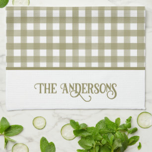Paño De Cocina Sage Green y White Gingham Plaid Personalizado