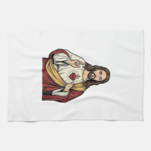 Paño De Cocina Sagrado Corazón Jesús Grabado Antiguo Arte Vectori