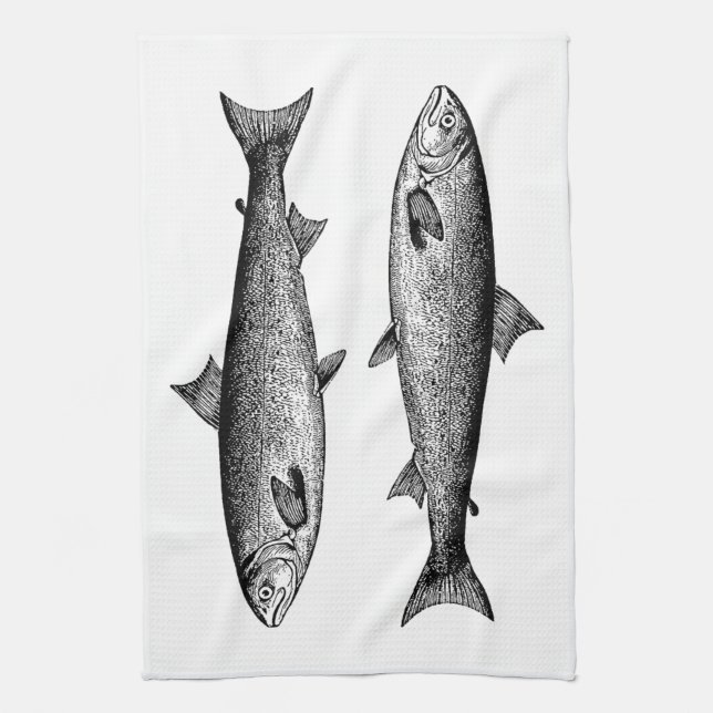 Paño De Cocina Salmón de pescado gráfico de época (Vertical)