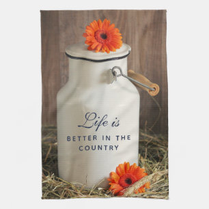 Paño De Cocina Salto de leche blanco rústico con flores