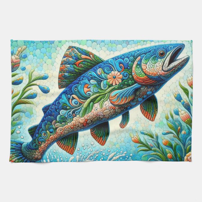 Paño De Cocina Salto de salmón Mosaic Floral Azul Peach (Horizontal)