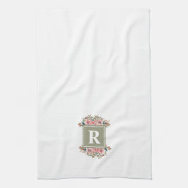 Paño De Cocina Salto floral monogramado verde y blanco elegante