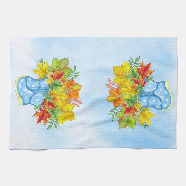 Paño De Cocina Saltos de lluvia azul Polka-dot caen hojas (Horizontal)