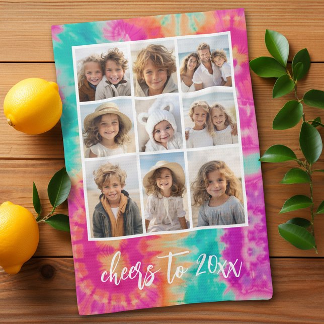 Paño De Cocina Saludos a la Verde azulada vibra de Año Nuevo de t (Personalized kitchen towel with 8 photos and tie dye pattern)
