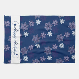 Paño De Cocina Saludos de temporada con copos de nieve en azul ma