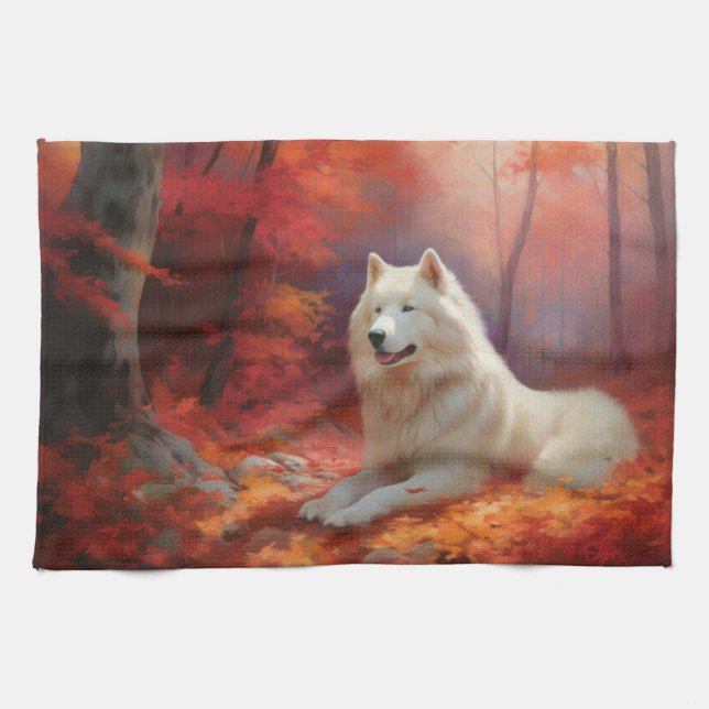 Paño De Cocina Samoyed en otoño se inspira en las hojas (Horizontal)