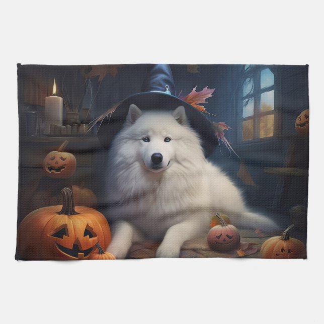 Paño De Cocina Samoyed Pumpkins Halloween Scary (Horizontal)