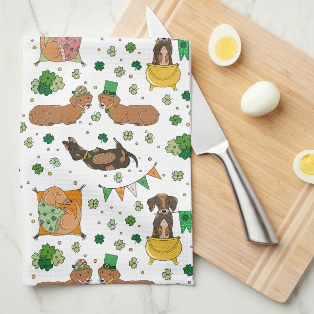 Paño De Cocina San Patricio Dachshund Perros Afortunados (Doblado Cuarto)