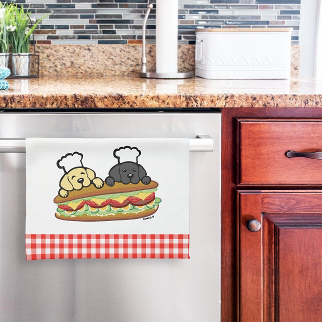 Paño De Cocina Sándwich de Personalizado de laboratorio negro de  (Yellow Lab Black Lab Sandwich Kitchen Towel for Labrador Owners.  Personalized Lab Cartoon design.)