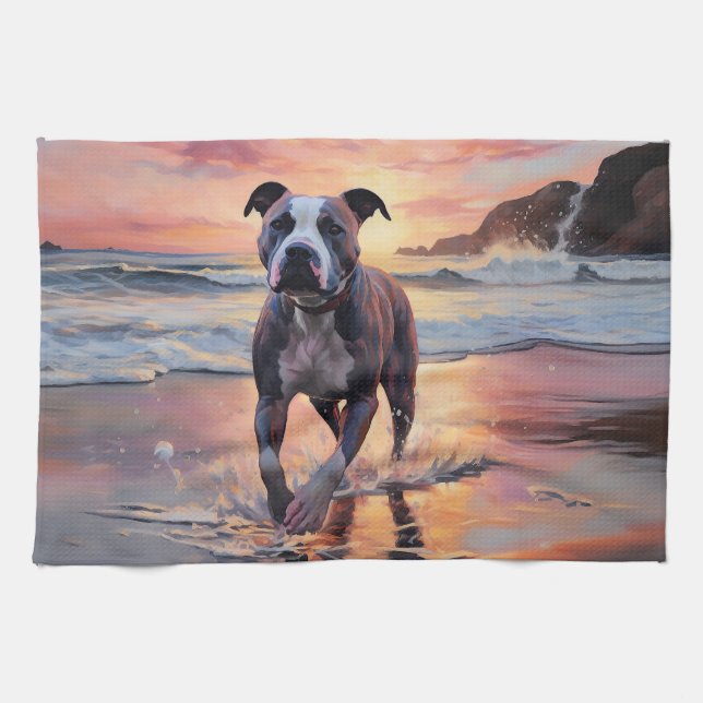 Paño De Cocina Sandy American Staffordshire Dog on Beach Sunset (Horizontal)
