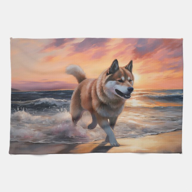 Paño De Cocina Sandy Paws Akita Dog en Beach Sunset (Horizontal)