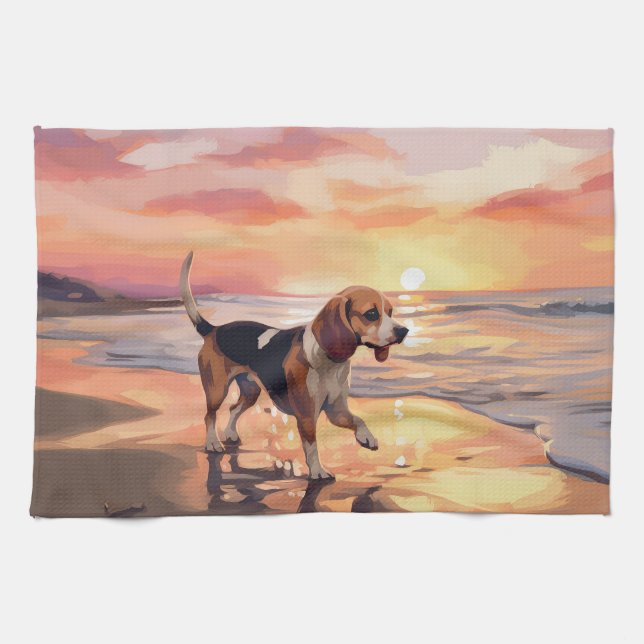 Paño De Cocina Sandy Paws Beagle Dog en Beach Sunset (Horizontal)