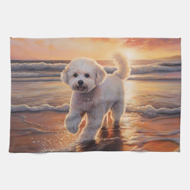 Paño De Cocina Sandy Paws Bichon Frise Dog en Beach Sunset (Horizontal)
