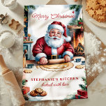 Paño De Cocina Santa Baking Cookies Personalizados Feliz Navidad<br><div class="desc">Añada un toque festivo a su cocina con esta encantadora toalla de cocina personalizada para Navidades. Este diseño nostálgico, que cuenta con galletas de Santa al lado de una chimenea acogedora, refleja el calor de las vacaciones. Perfecto para hacer unas vacaciones o como un regalo atento, personalizar con tu nombre...</div>