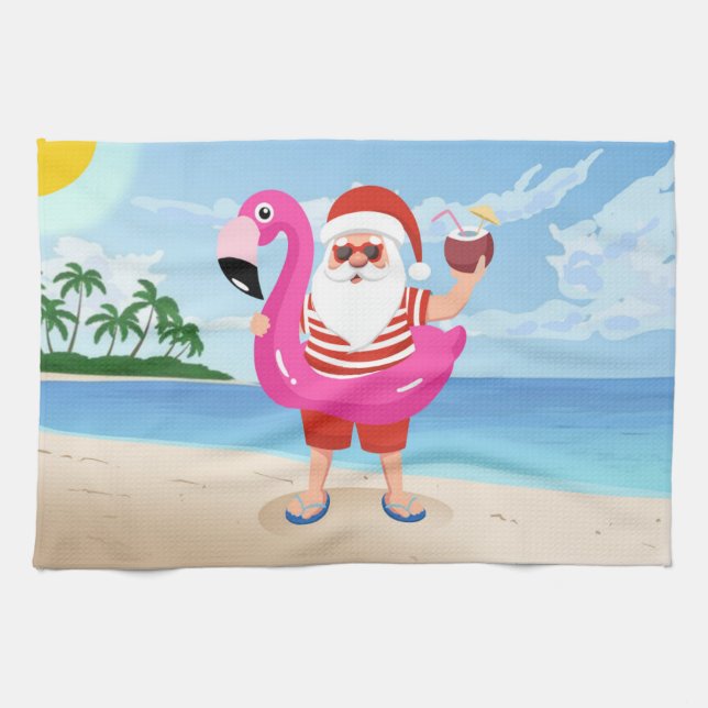 Paño De Cocina Santa Claus con anillo inflable de flamingo (Horizontal)