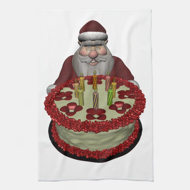 Paño De Cocina Santa Claus con pastel de cumpleaños (Vertical)