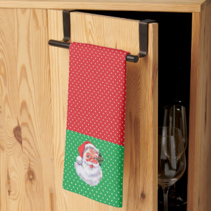 Paño De Cocina Santa Claus lindo en lunares rojos y verdes