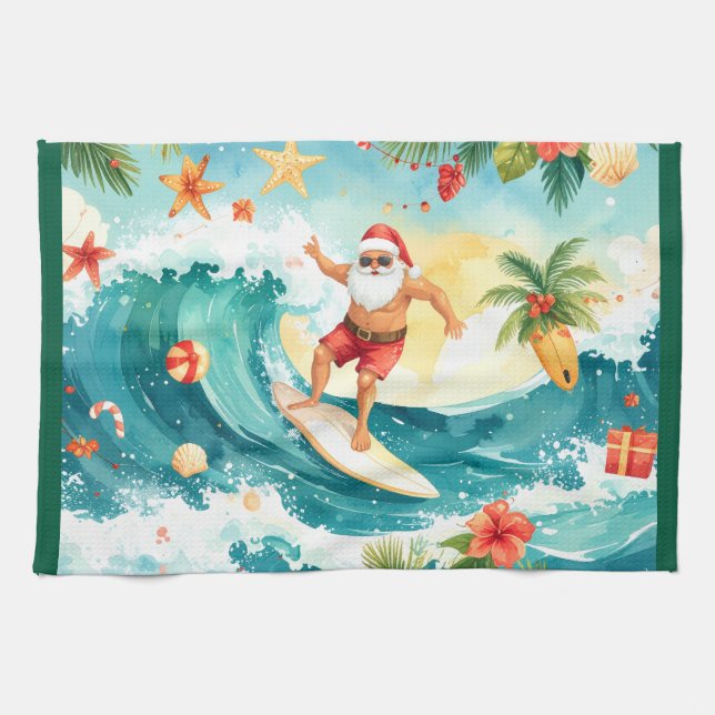 Paño De Cocina  Santa Claus surfing on Christmas Holiday  (Horizontal)