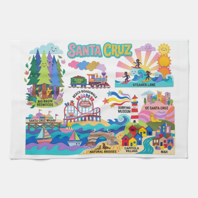 Paño De Cocina Santa Cruz Illustrated Map Boardwalk Beach Surfing (Horizontal)