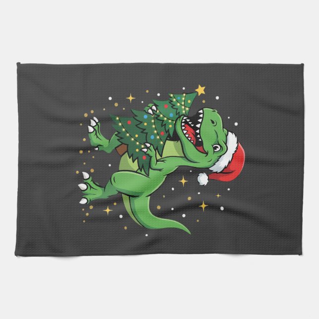 Paño De Cocina Santa Dinosaurio T Rex Navidad (Horizontal)