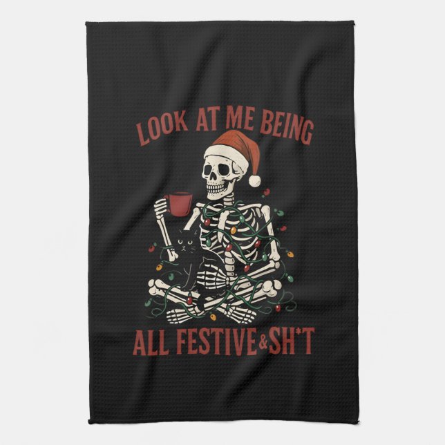 Paño De Cocina Santa Skeleton with Cat Holiday Snark (Vertical)