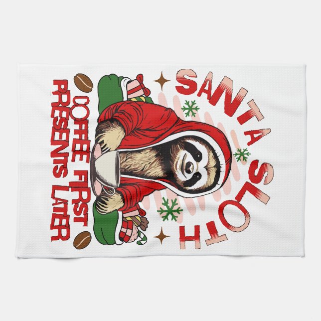 Paño De Cocina Santa Sloth bebiendo café (Horizontal)
