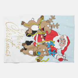 Paño De Cocina Santa y los renos Feliz Navidad