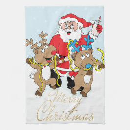 Paño De Cocina Santa y los renos Feliz Navidad