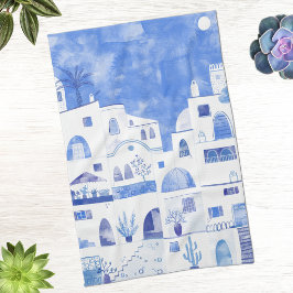 Paño De Cocina Santorini Isla Griega Paisaje Urbano Acuarela