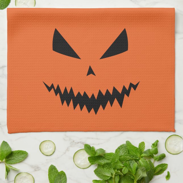 Paño De Cocina Scary Halloween Jack OLantern naranja de caras neg (Doblado)